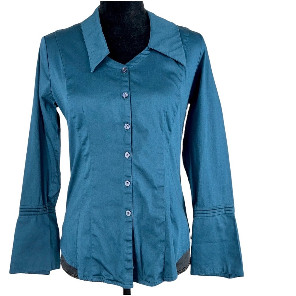 Cato Turquoise Blue Button Down Blouse Size Small